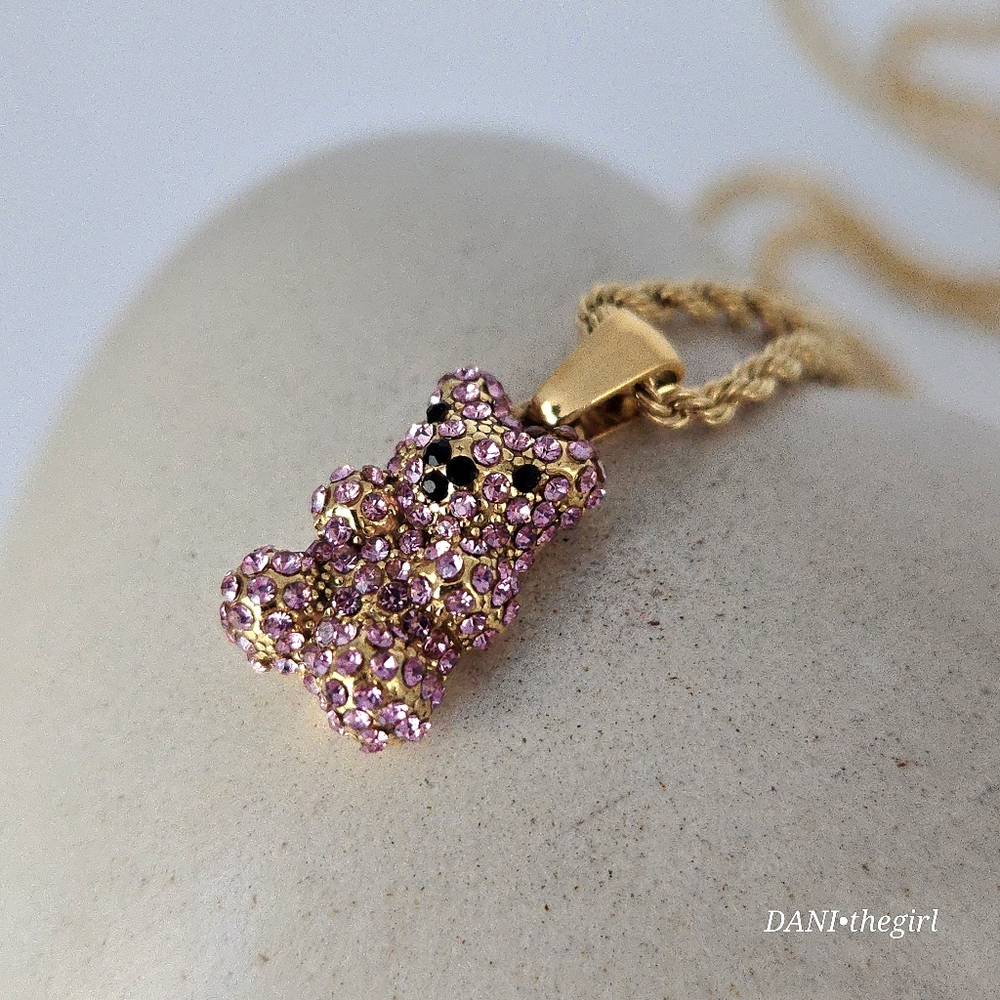 New Gold Tone Pink Stone Gummy Bear Pendant Necklace On Rope Chain